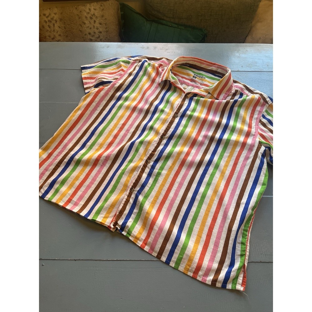 PRIDEO Rainbow Stripe Button Front Shirt XXL Multicolor Vacation Resort Camp
